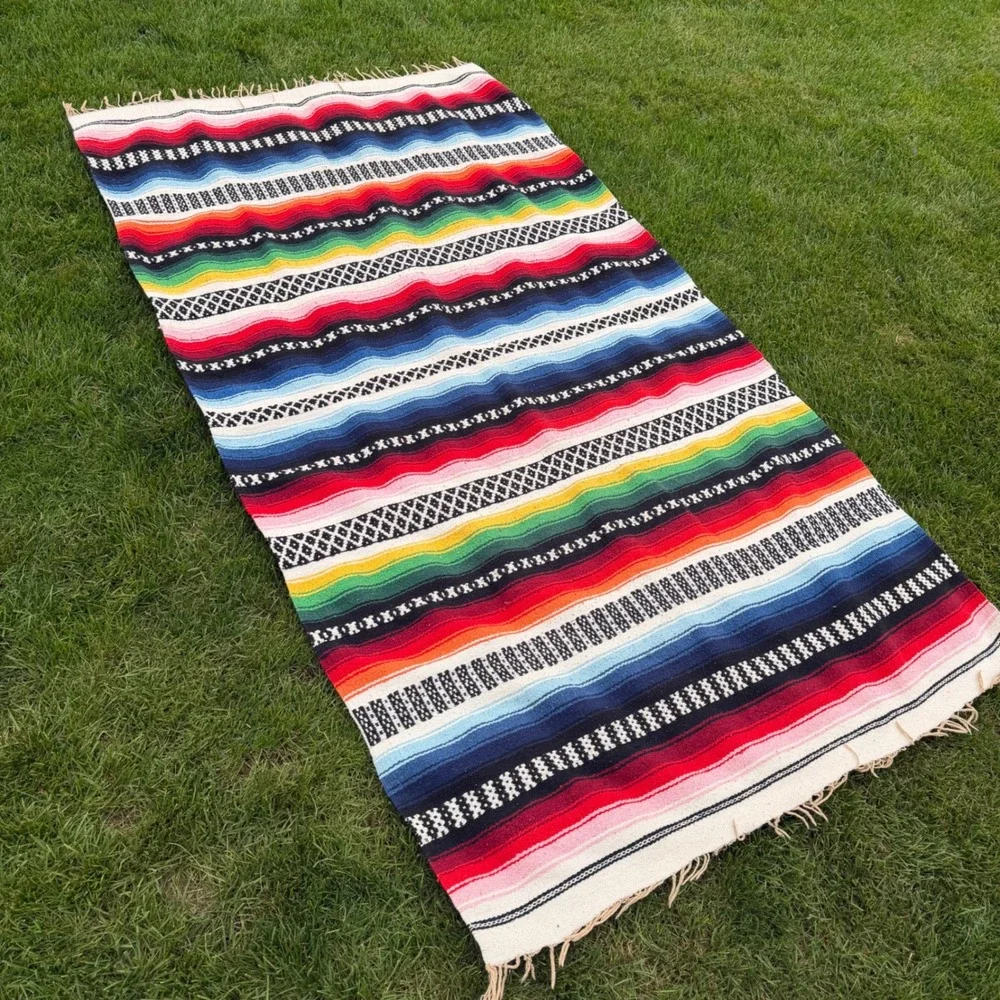 A+ Mexican Serape Blanket Multi Color Striped Fringed Throw Rug 88x48 Southwest